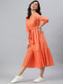 Orange Cotton Woven Design Tiered Western Dress